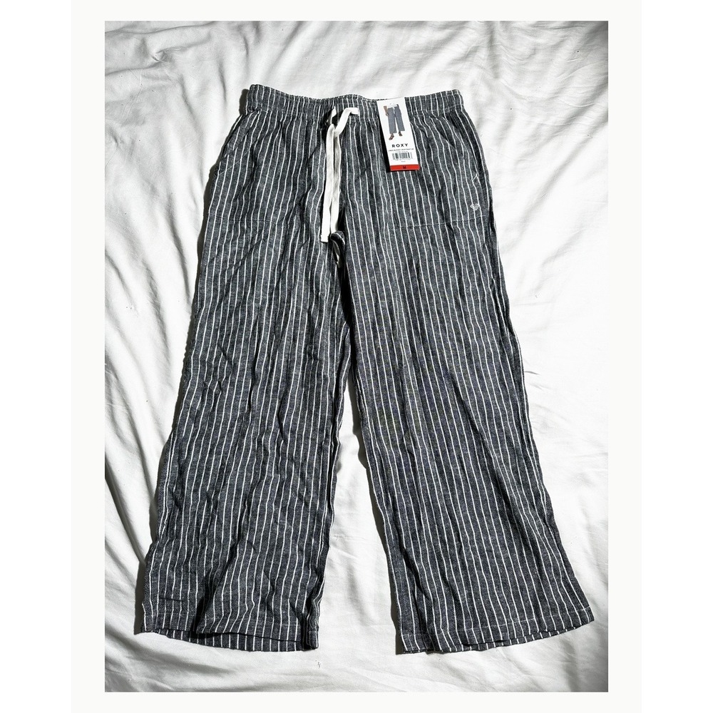 Roxy Linen Blend Crop Pant 26 Black White Striped Wide Leg Drawstring Size M NEW
